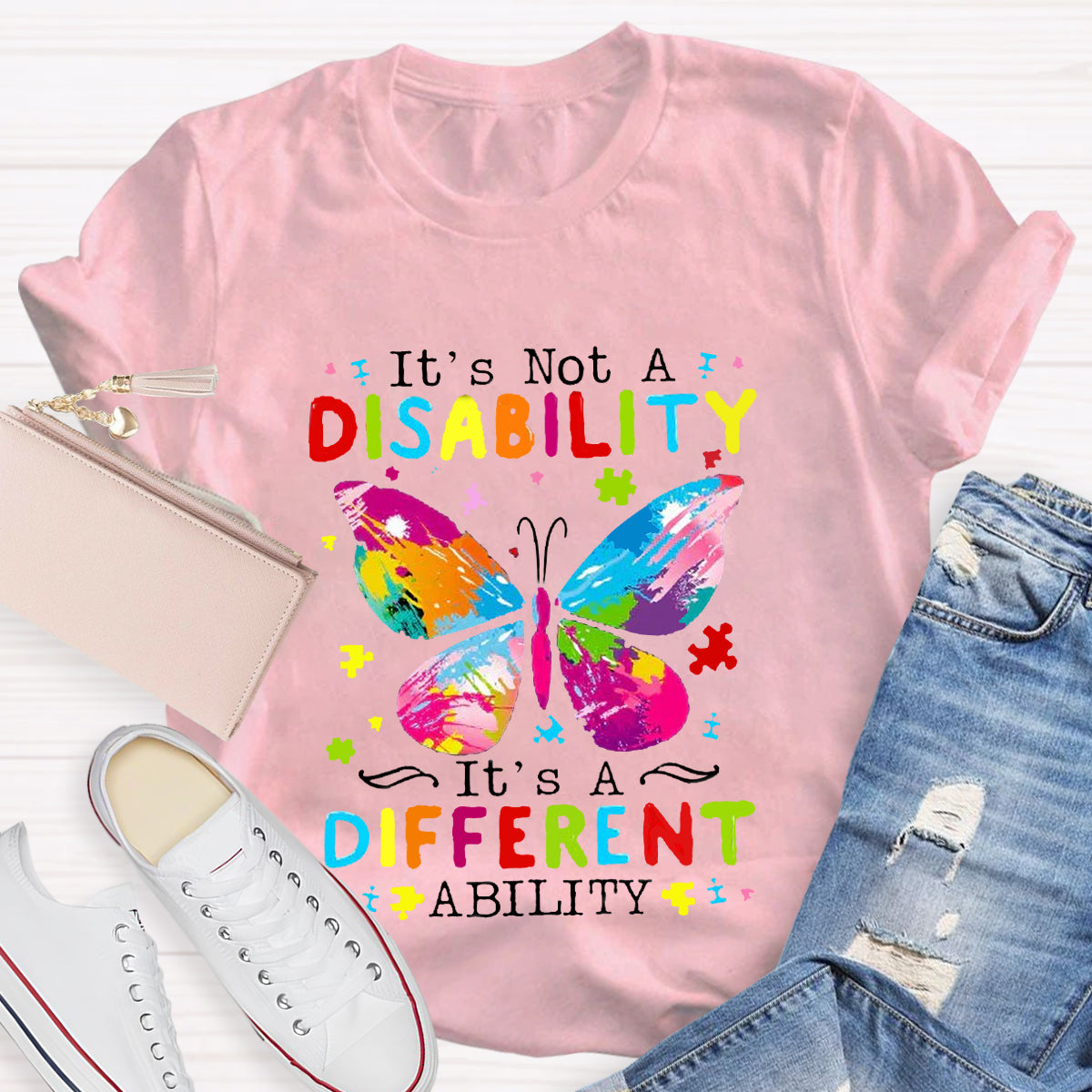 It's Not A Disability It's A Different Ability Puzzle Butterfly Teacher T-Shirt