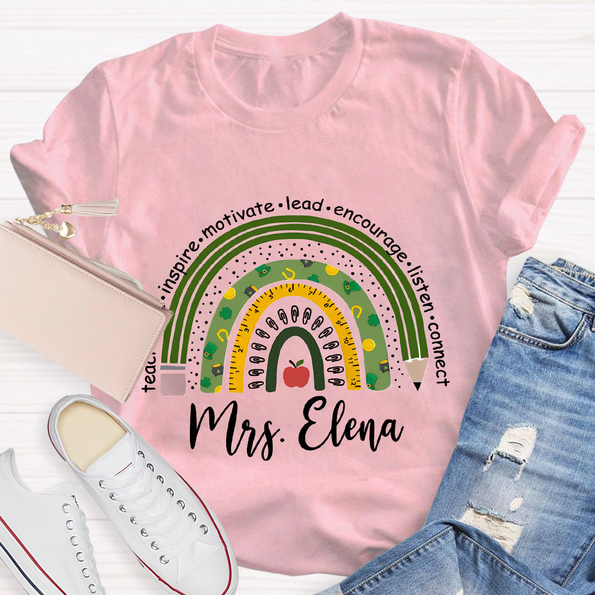 Personalized Name Green Rainbow Teach Love Inspire T-Shirt