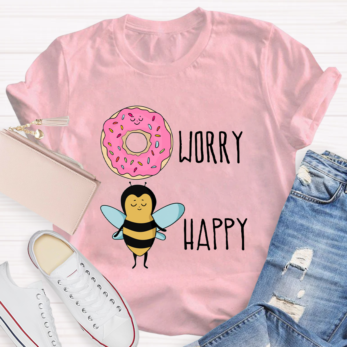 Donut Worry Bee Happy Funny T-Shirt