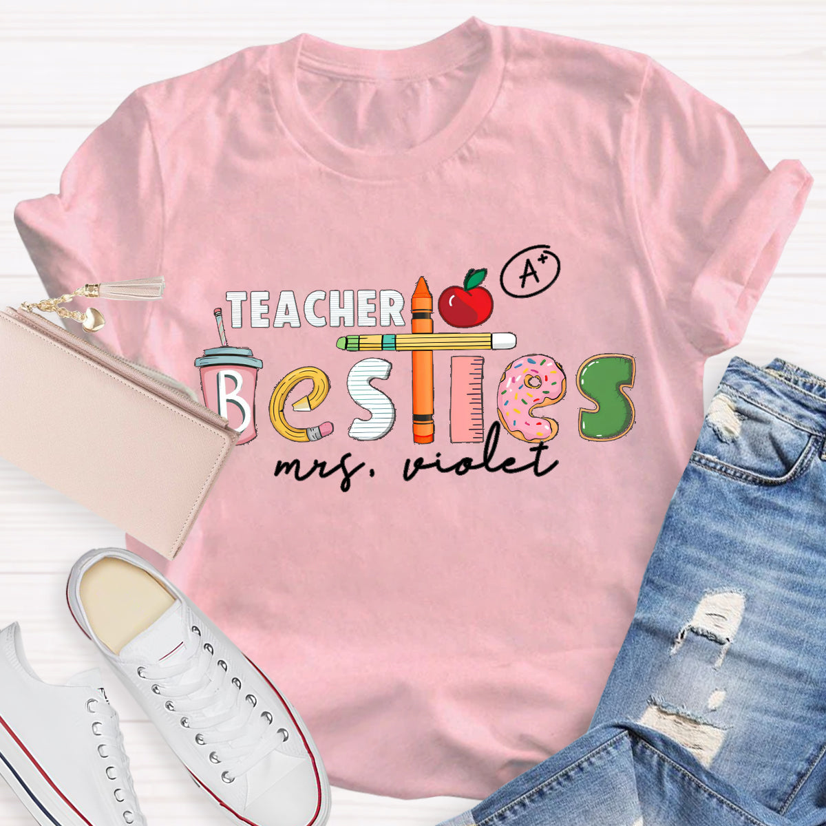 Personalized Name Apple Teacher T-Shirt