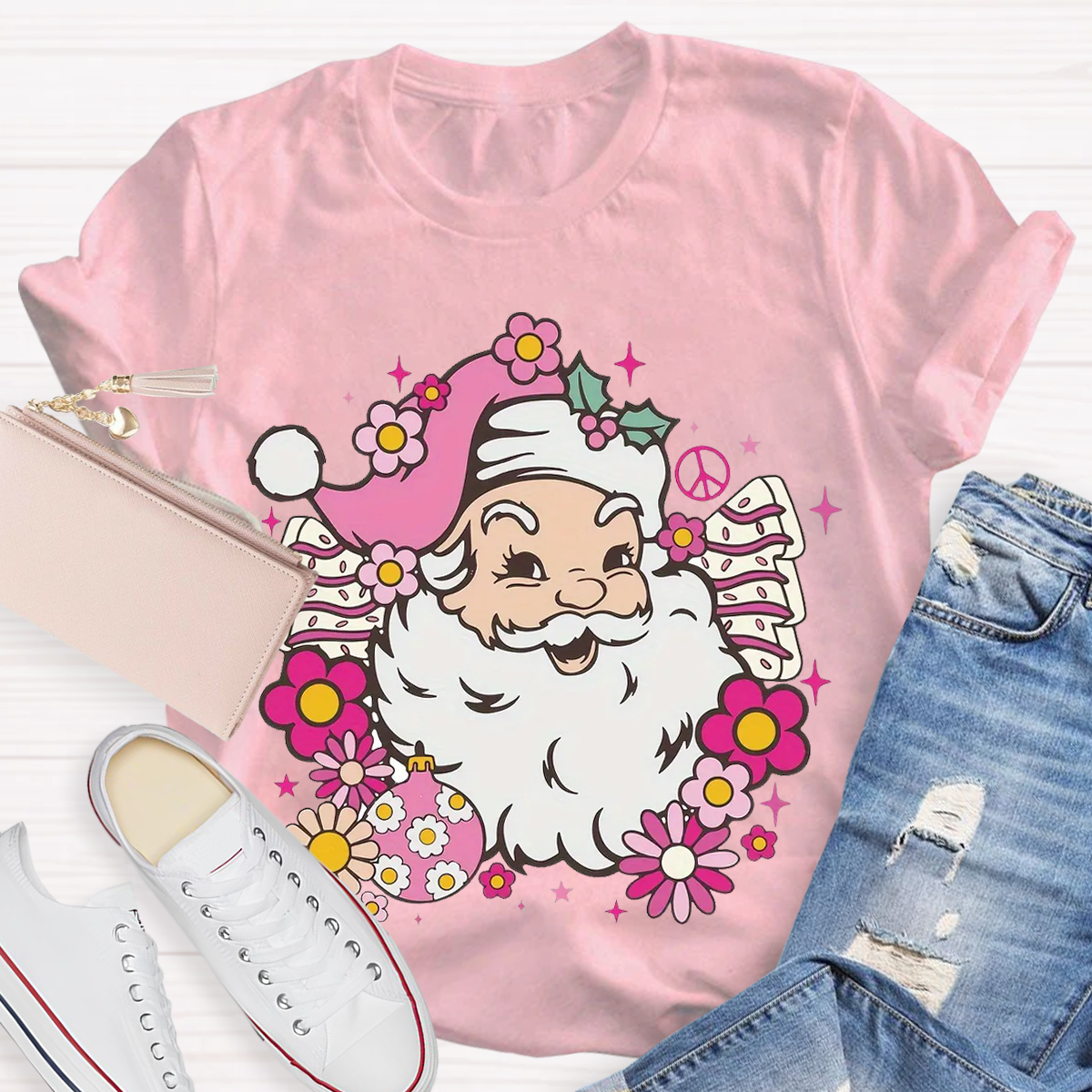 Hippie Santa Groovy Peace Christmas Teacher T-Shirt