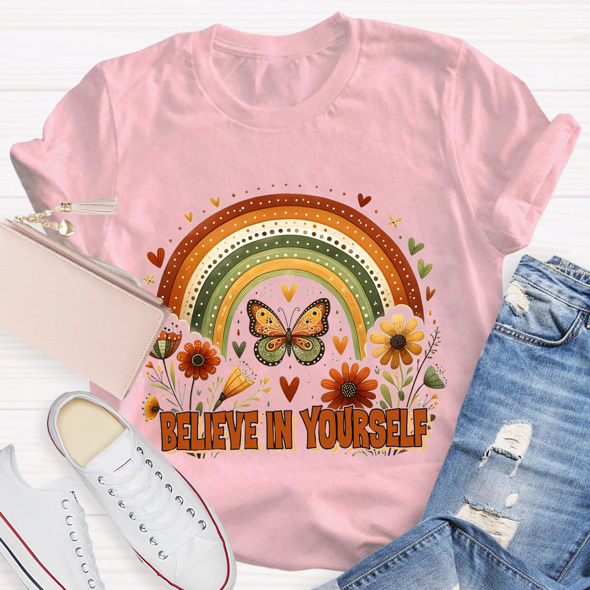 Believe In Yourself Floral Butterfly Teacher T-Shirt