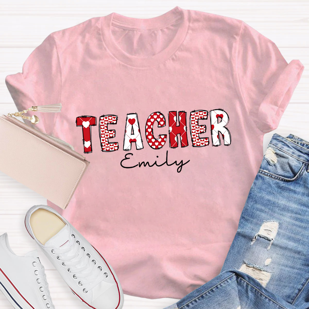 Personalized Name Pink Heart Printed Teacher T-Shirt