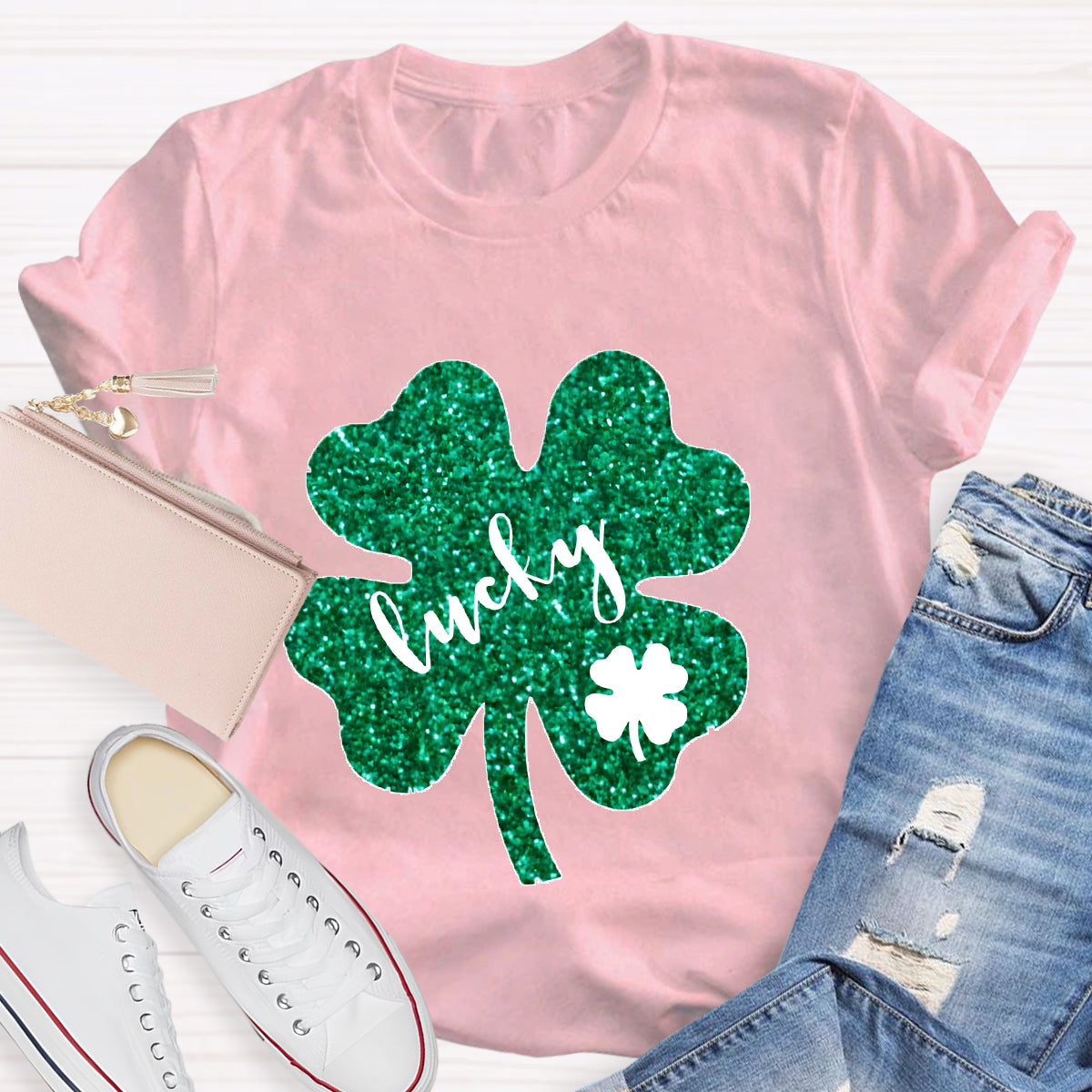 Green Glitter Shamrock Lucky Teacher T-Shirt