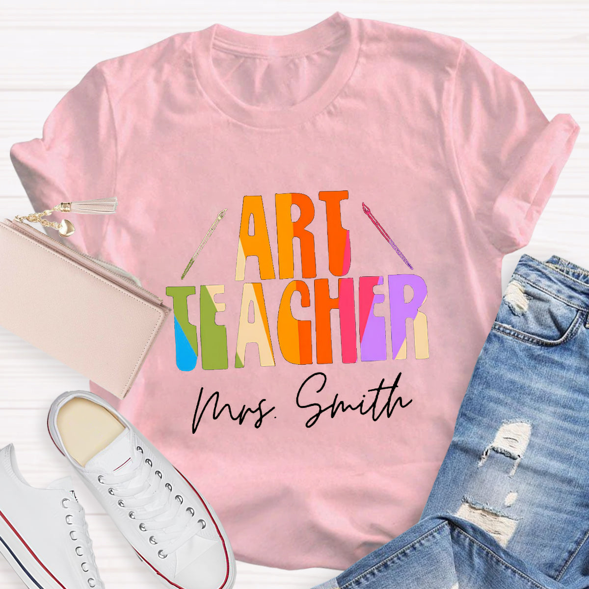 Personalized Name And Art Simple Color Teacher T-Shirt