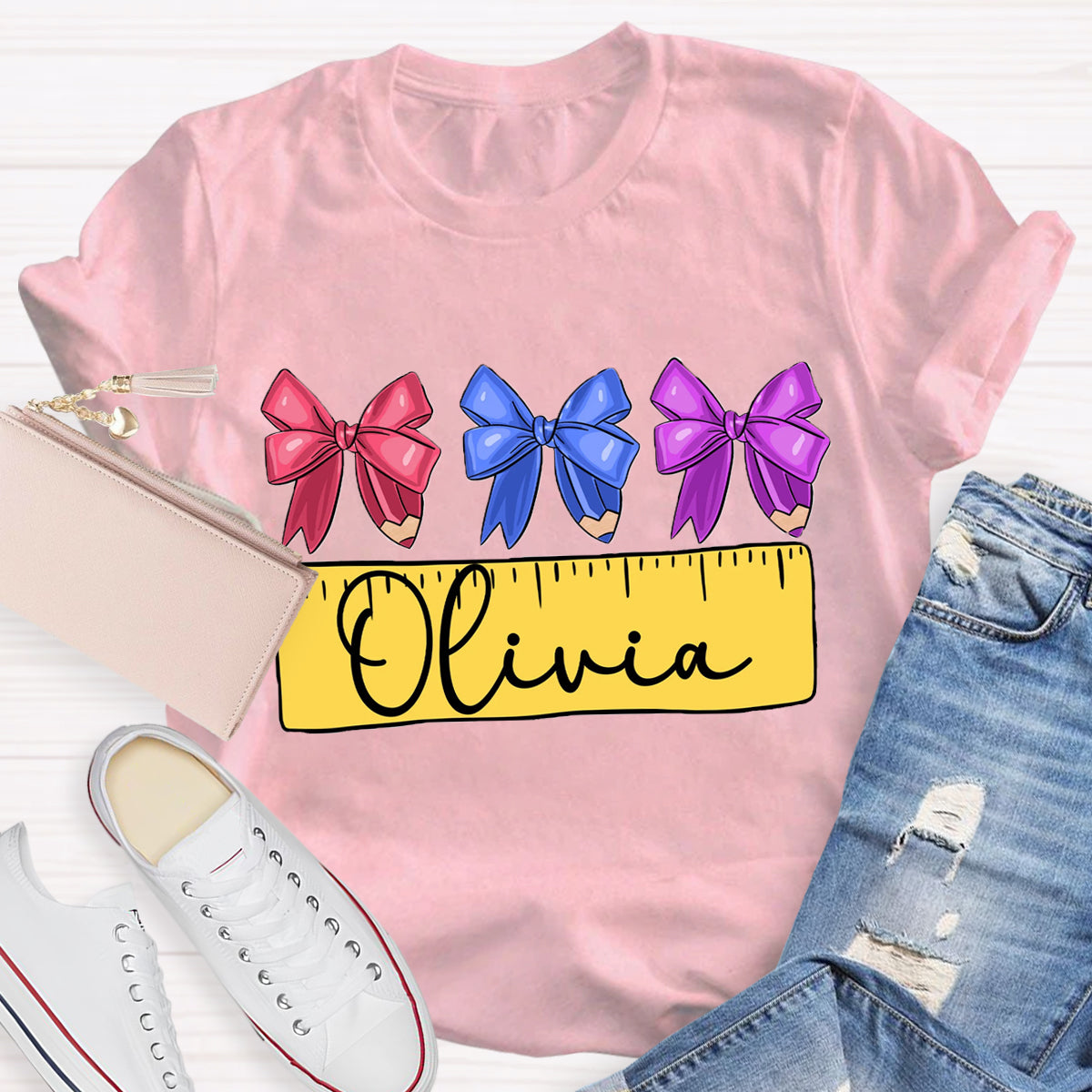 Personalized Name Bow Ruler Print Teacher T-Shirt