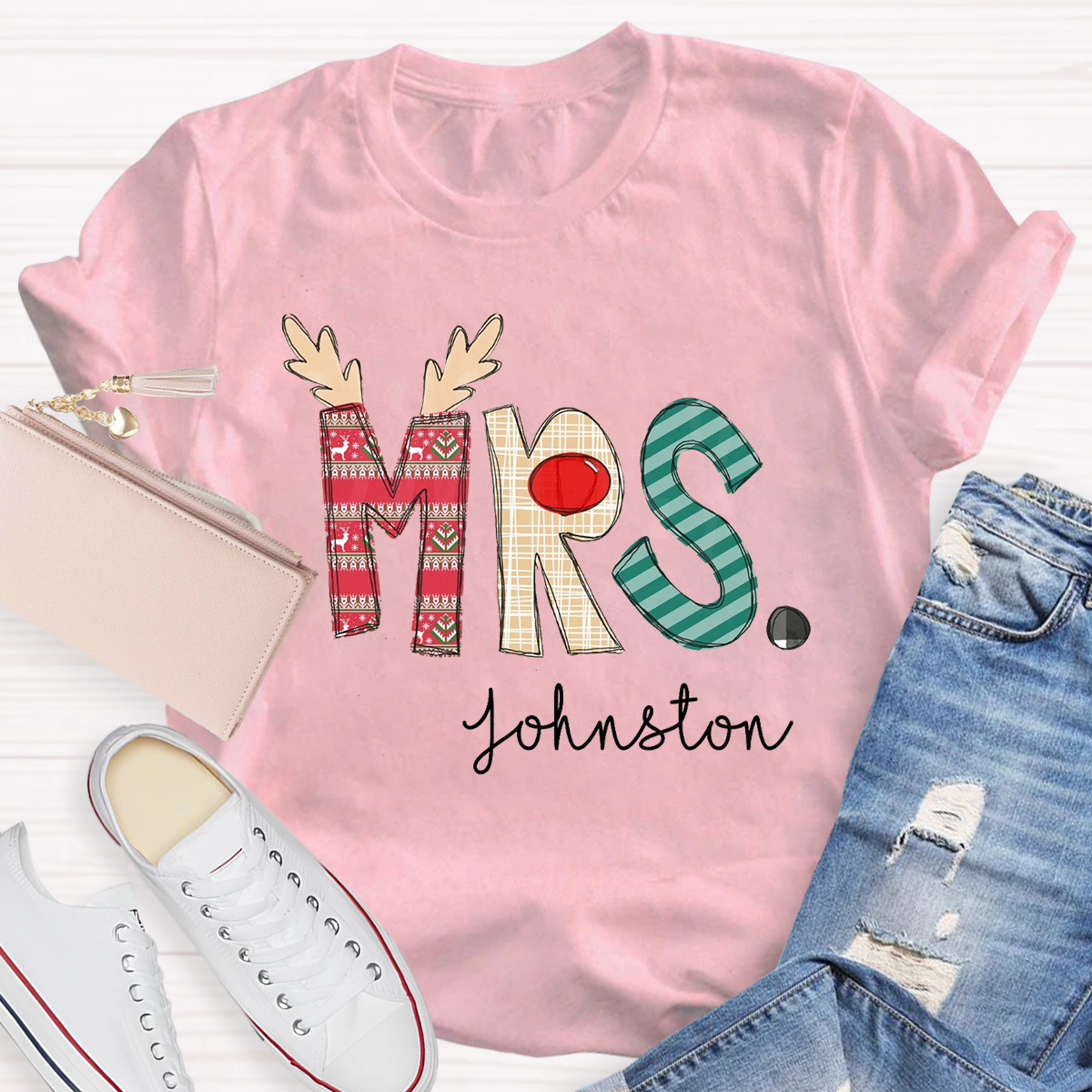 Personalized Christmas Classic Pattern Teacher Name Teacher T-Shirt