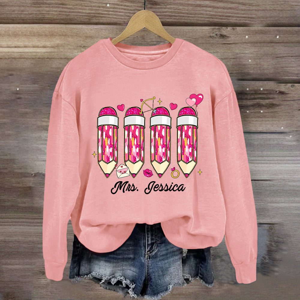 Personalized Name Pink Pencil Teacher Sweatshirt