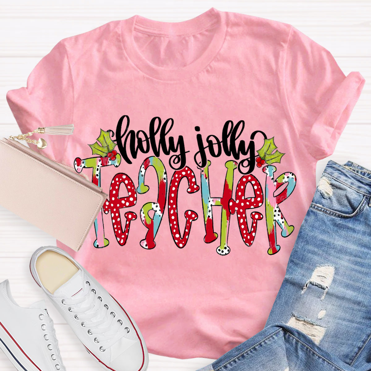 Holly Jolly Teacher Christmas Brushstrokes Dalmatian Dots Hand Lettered Teacher T-Shirt