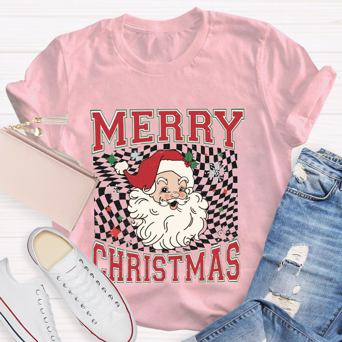 Merry Christmas Plaid Print Santa T-Shirt