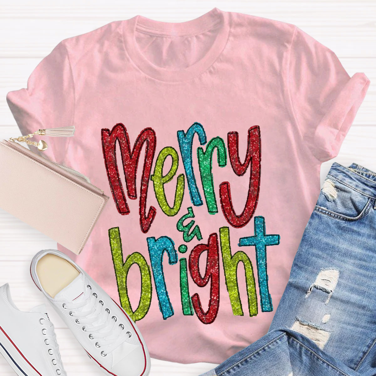 Glitter Merry And Bright Teacher T-Shirt