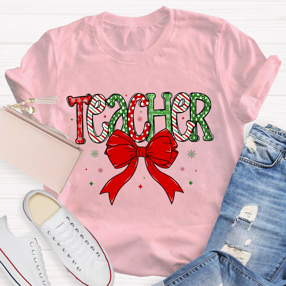 Christmas Bow Doodle Teacher T-Shirt