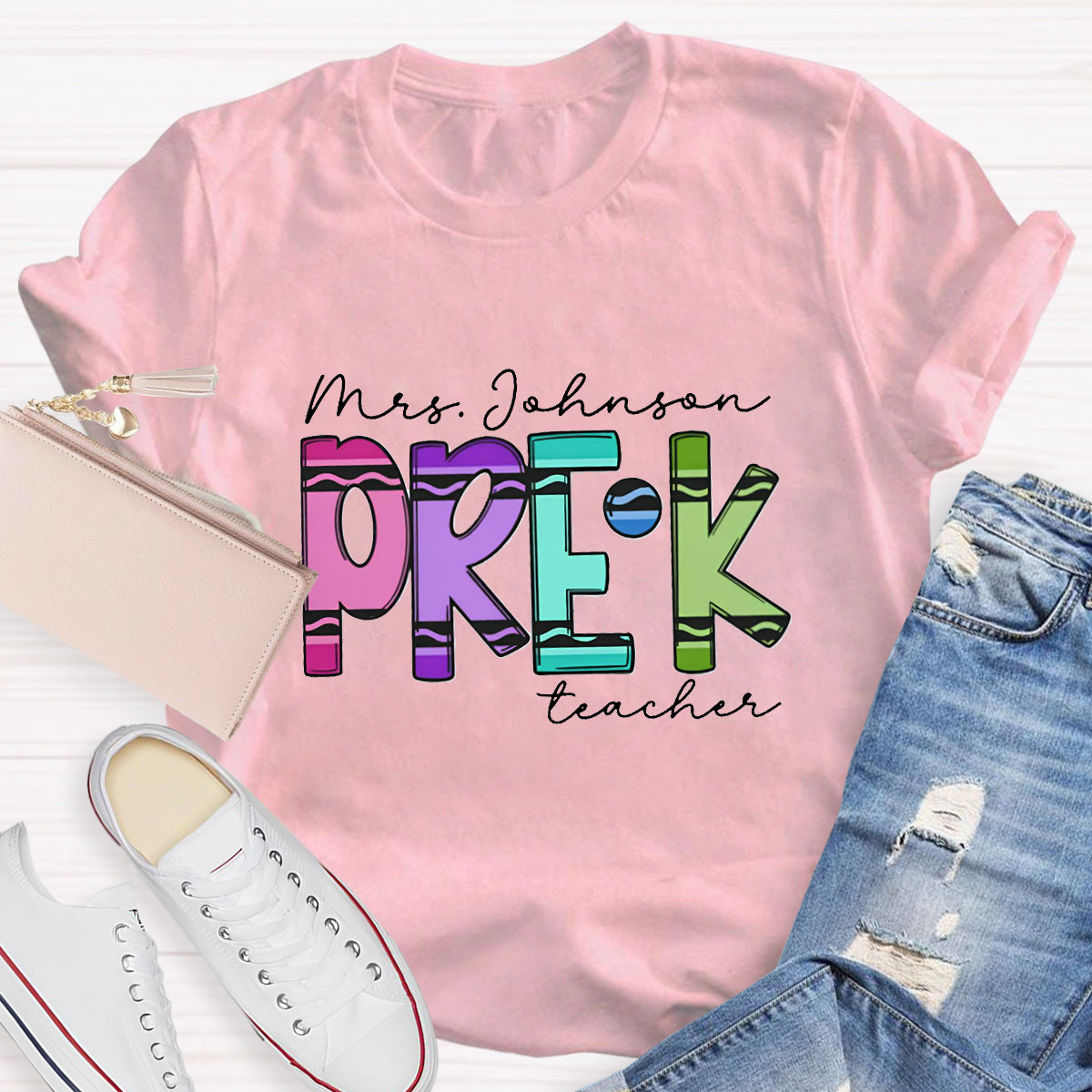 Personalized Grade And Name Crayon Teacher T-Shirt