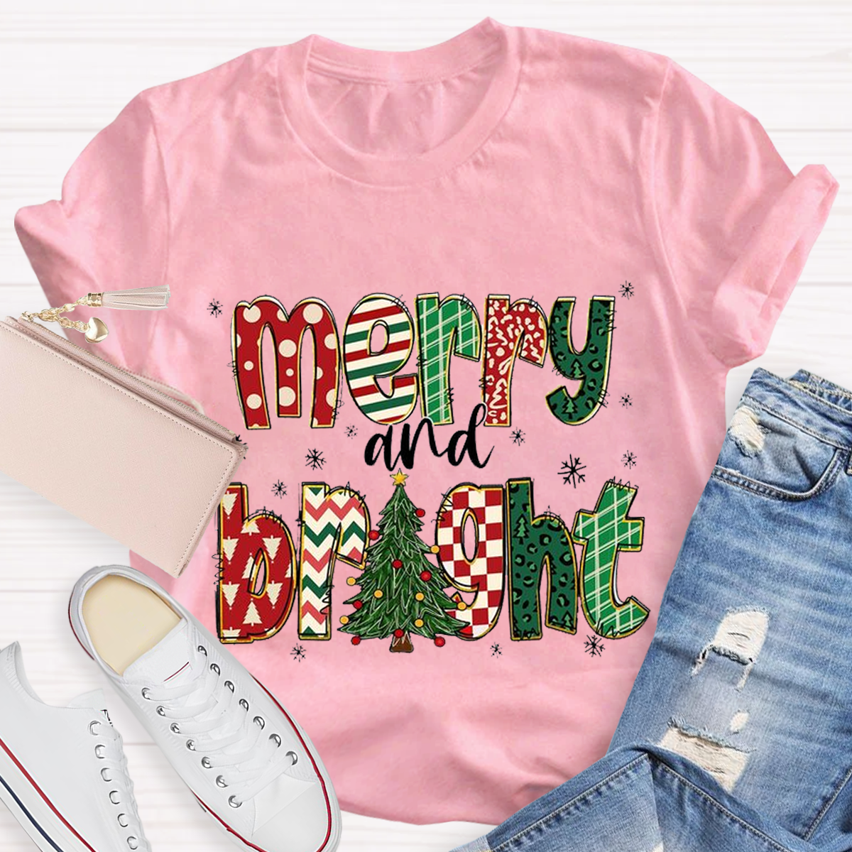 Merry and Bright Retro Christmas Tree Teacher T-Shirt