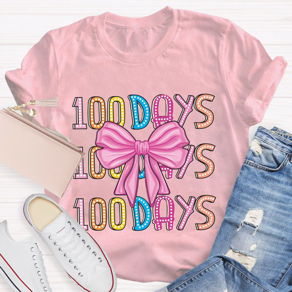 Happy 100 Days Of School  Polka Dot Bow  T-Shirt