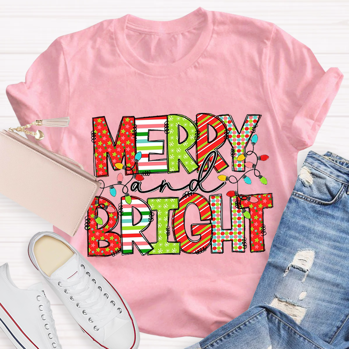 Merry And Bright Christmas Teacher T-Shirt