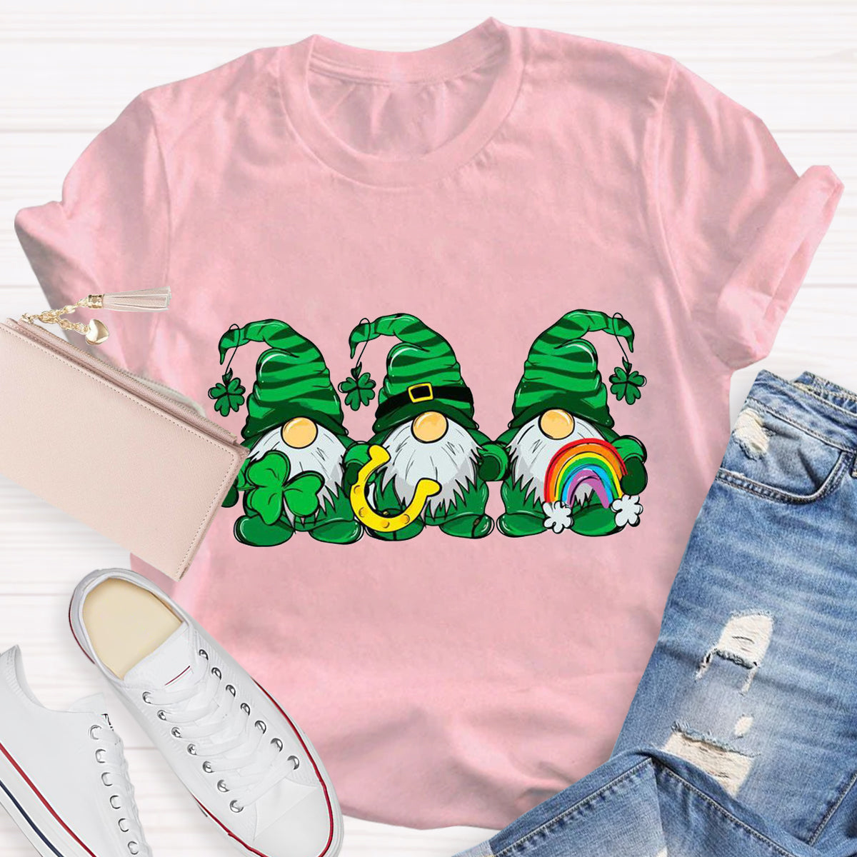 Three St Patricks' Day Gnome With Rainbow T-Shirt