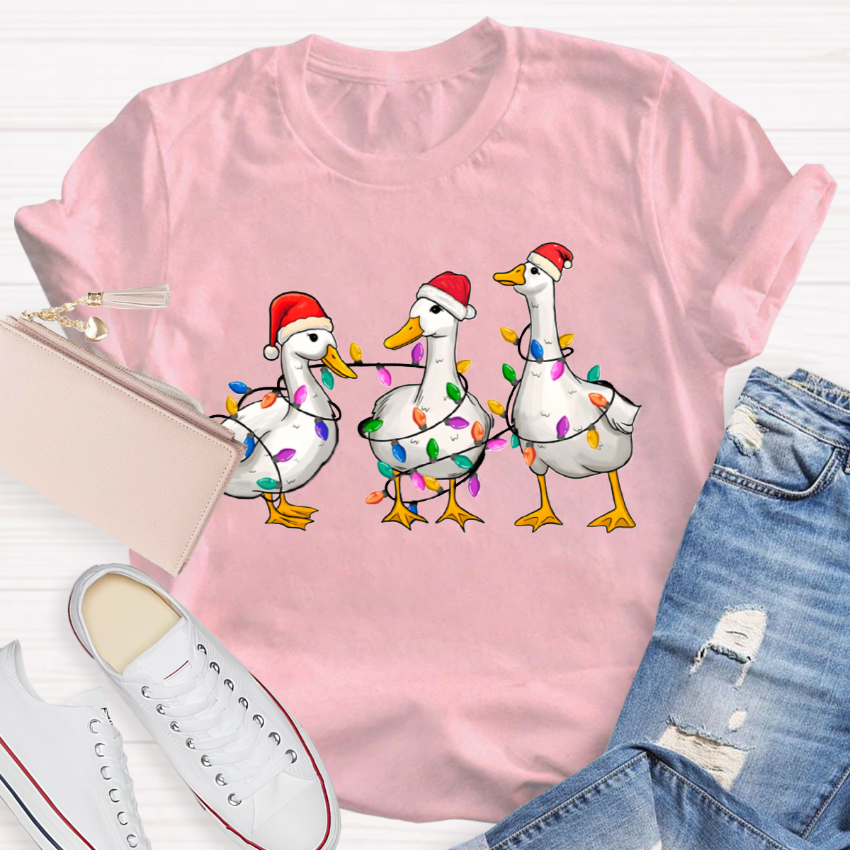 Christmas Ducks With Colorful Lights Teacher T-Shirt