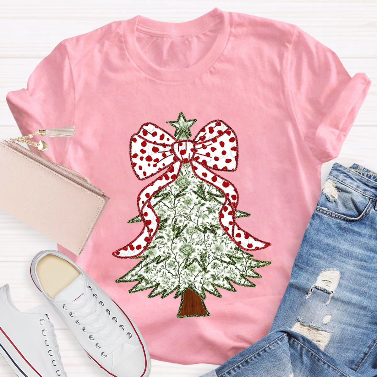 Red and Green Grandmillennial Coquette Gold Glitter Christmas Tree Teacher T-Shirt