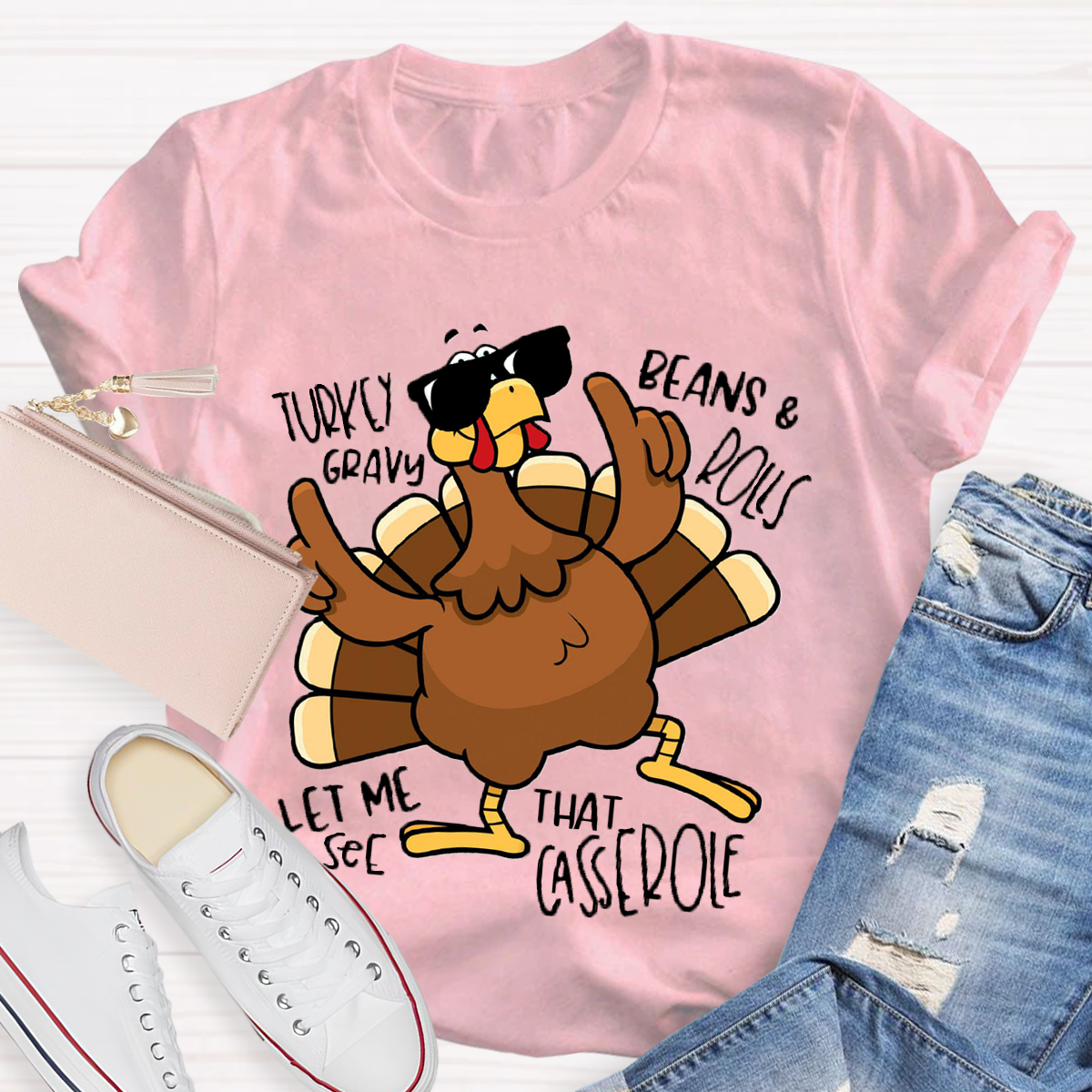 Turkey Gravy Beans Rolls Thanksgiving Teacher T-Shirt