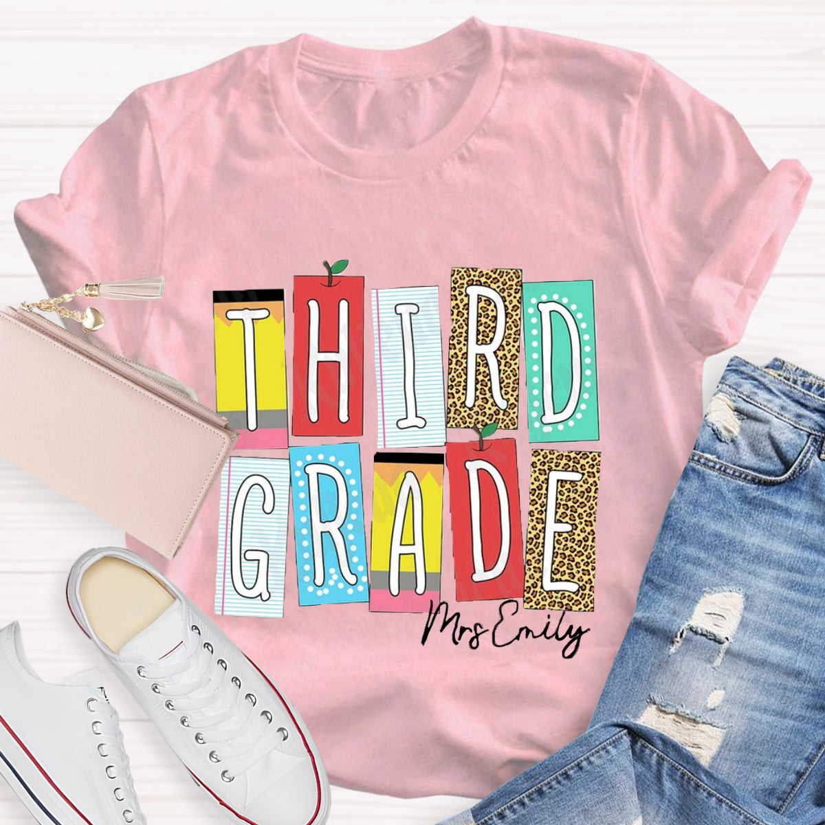 Personalized Grade And Name Leopard Color Block Teacher T-Shirt