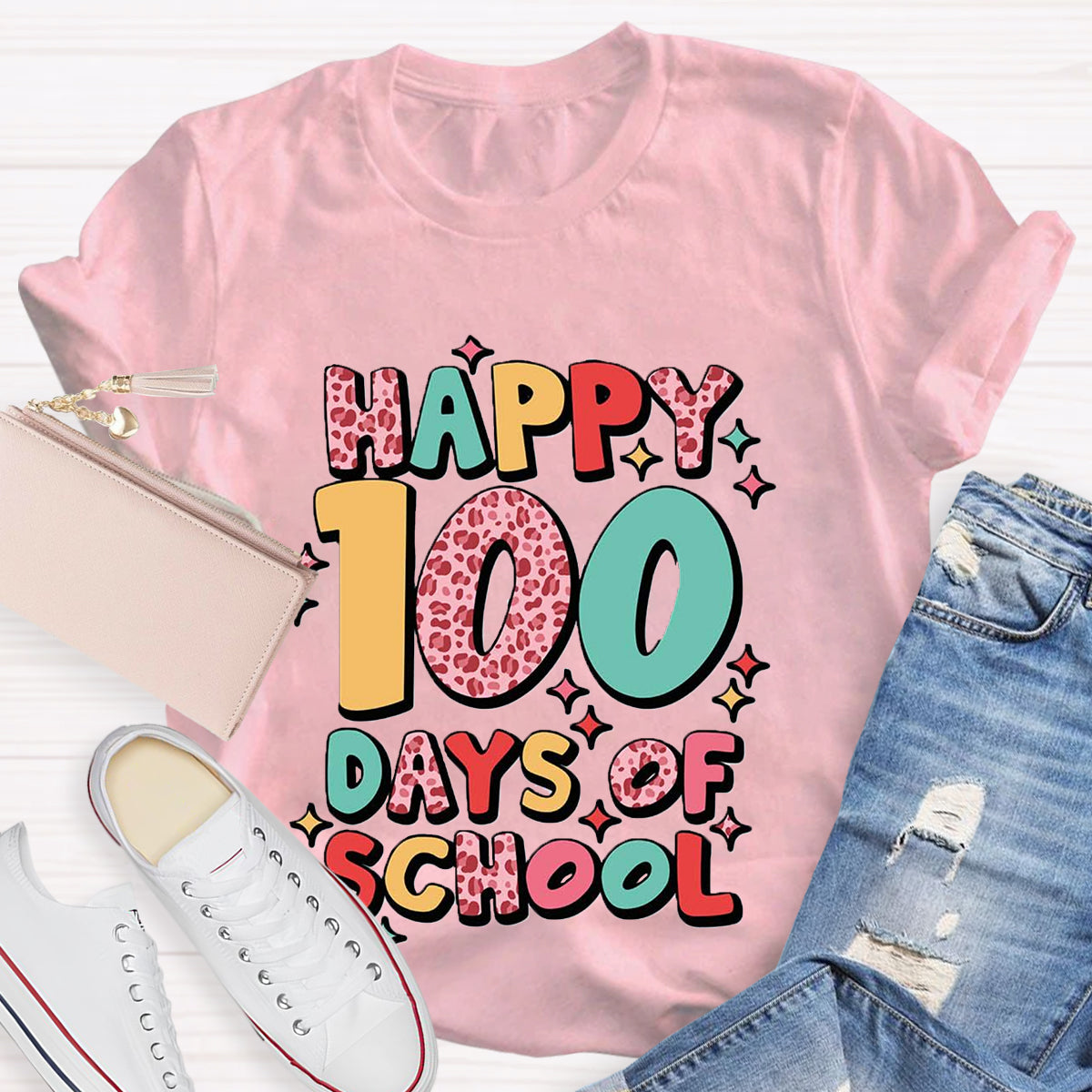 Pink Leopard Happy 100 Days Of School Teacher T-Shirt