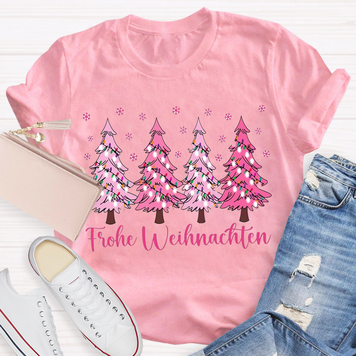 Pink Christmas Trees Teacher T-Shirt