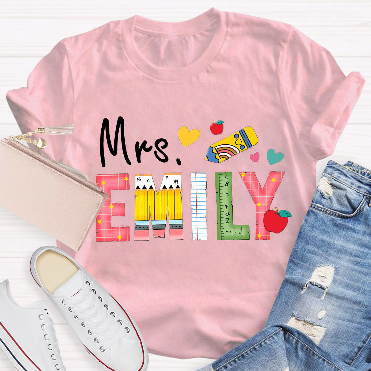 Personalized Name Apple Pencil Teacher Emily T-Shirt