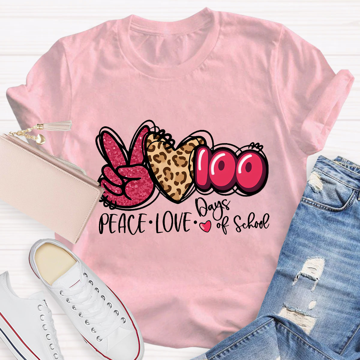 Peace Love 100 Days Of School Teacher T-Shirt