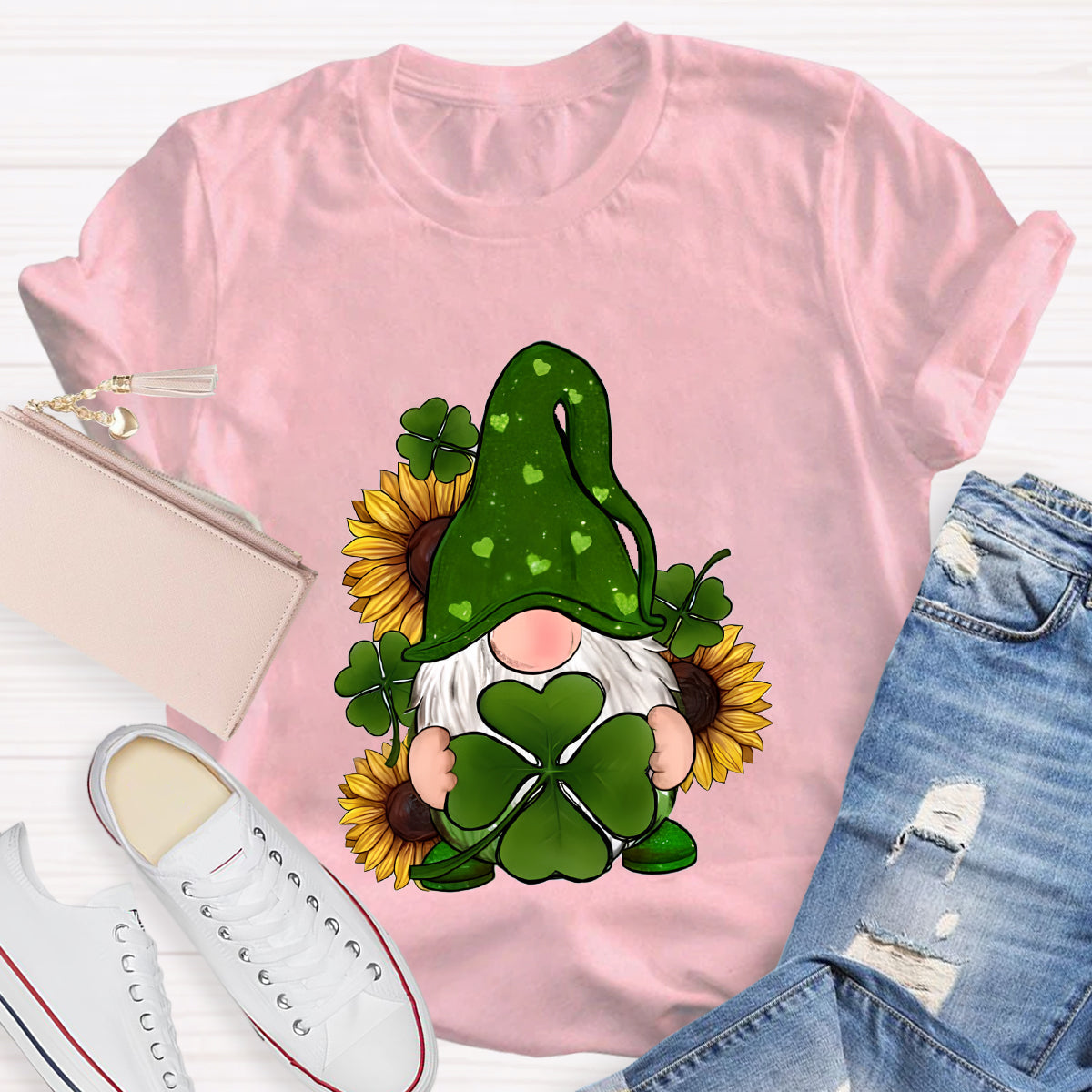 St. Patricks Day Gnome With Sunflowers Teacher T-Shirt