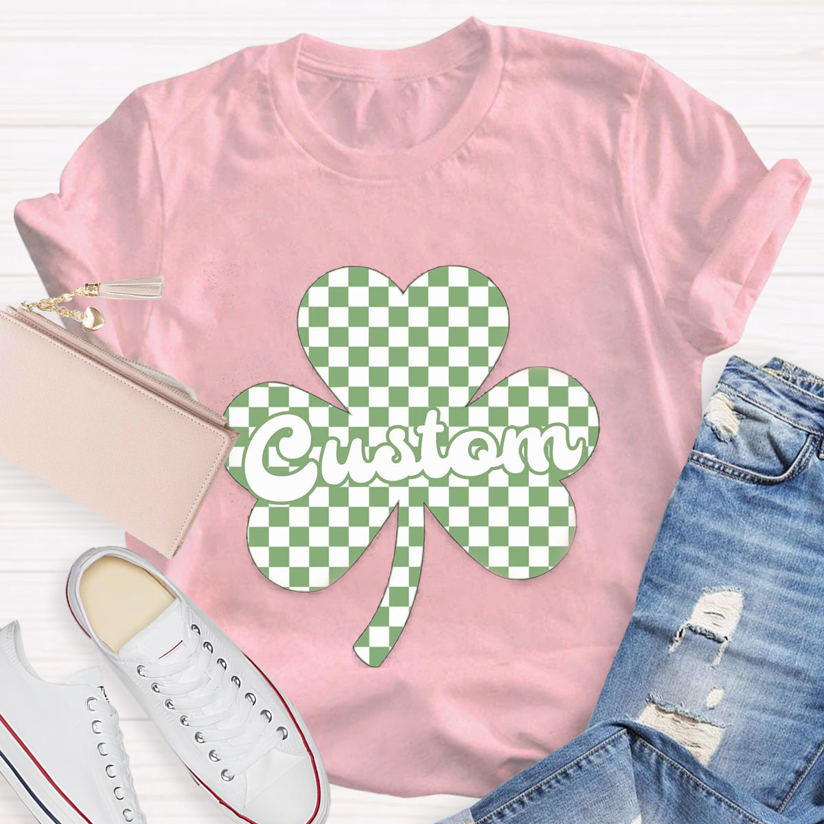 Personalized Name Checkered Clover Teacher T-Shirt