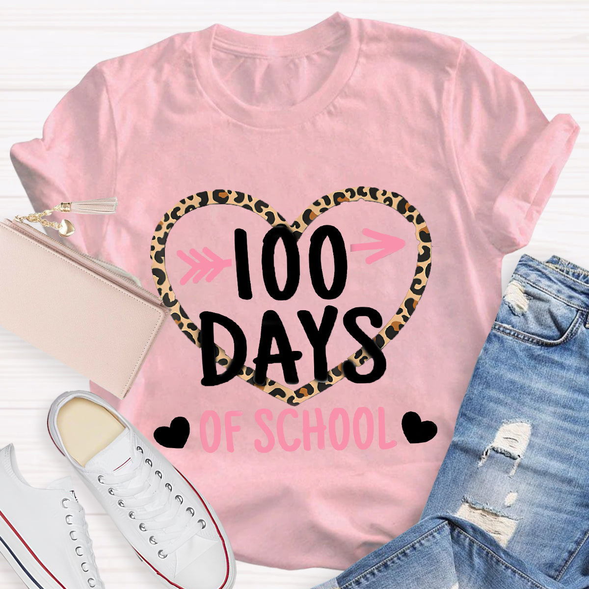 100 Days Of School Leopard Heart T-Shirt