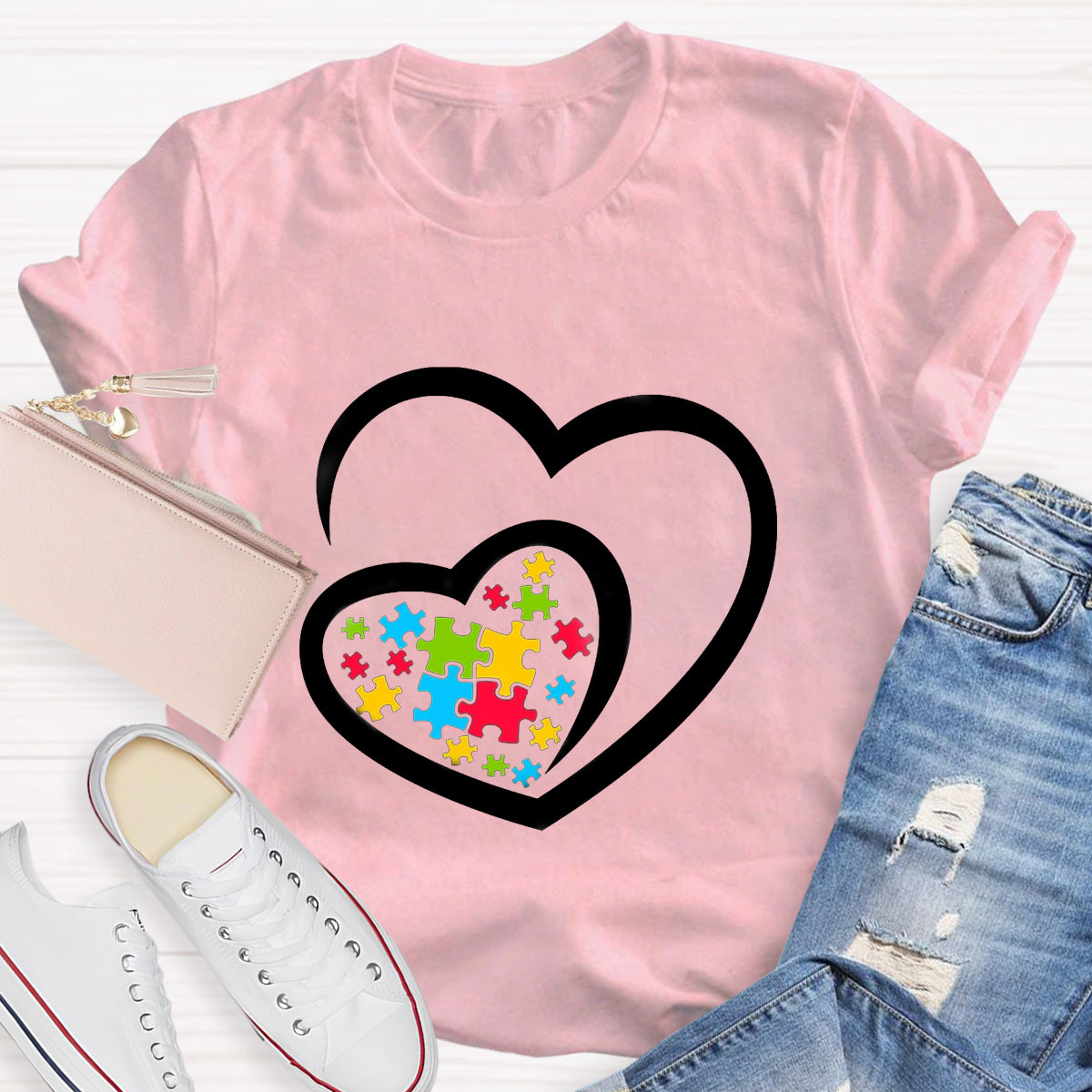 Love Ribbon Heart Puzzle Autism Awareness T-Shirt