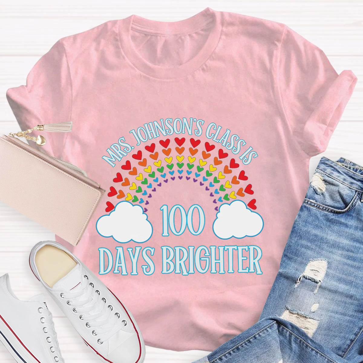 Personalized Name Teacher Class 100 Days Brighter T-Shirt