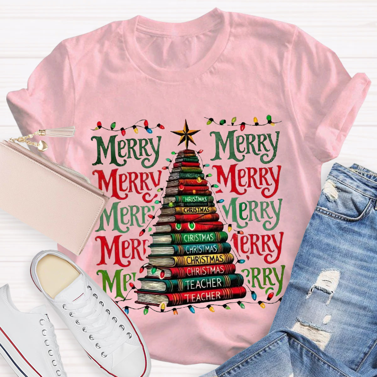 Merry Christmas Book Tree Teacher T-Shirt