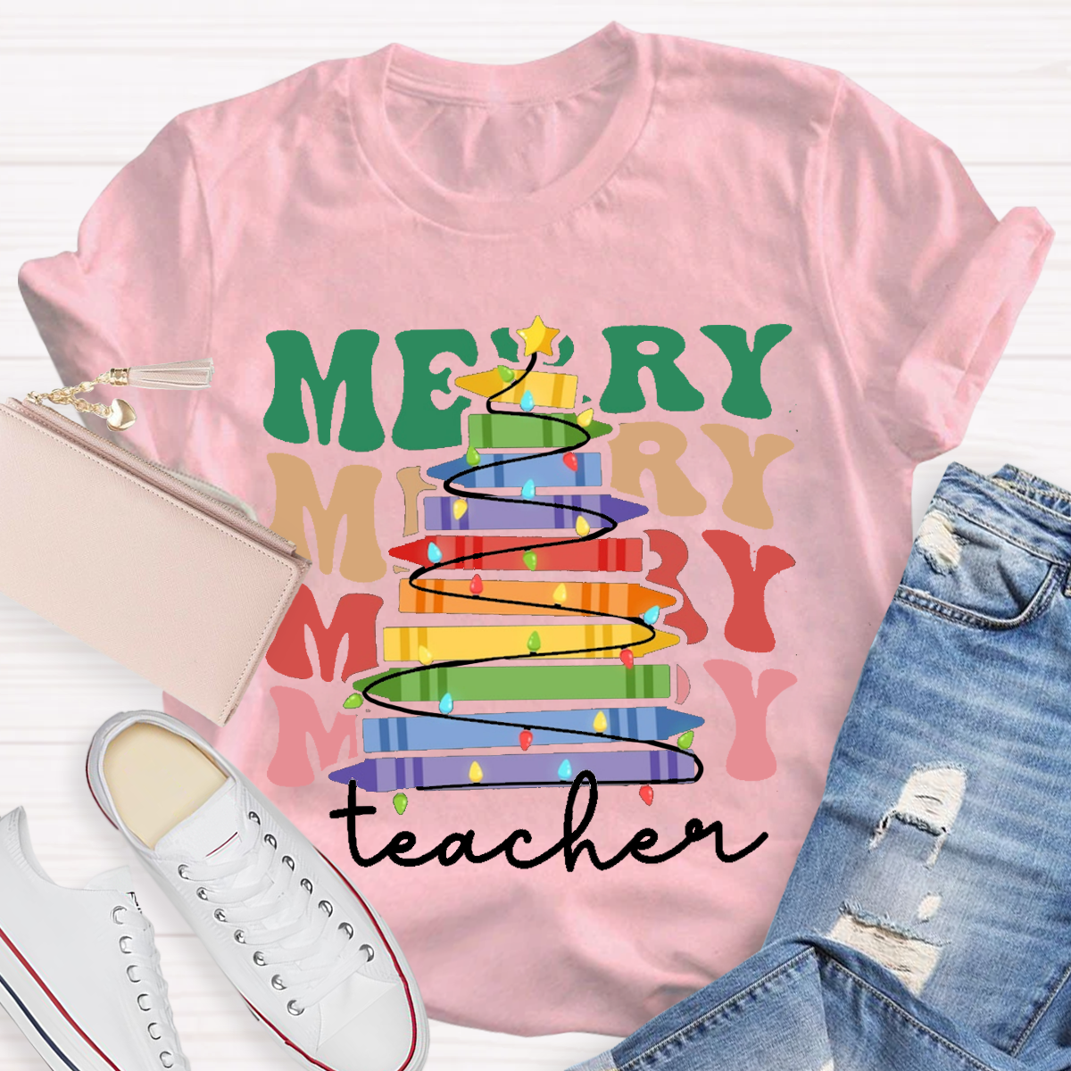 Crayon Christmas Tree Teacher T-Shirt