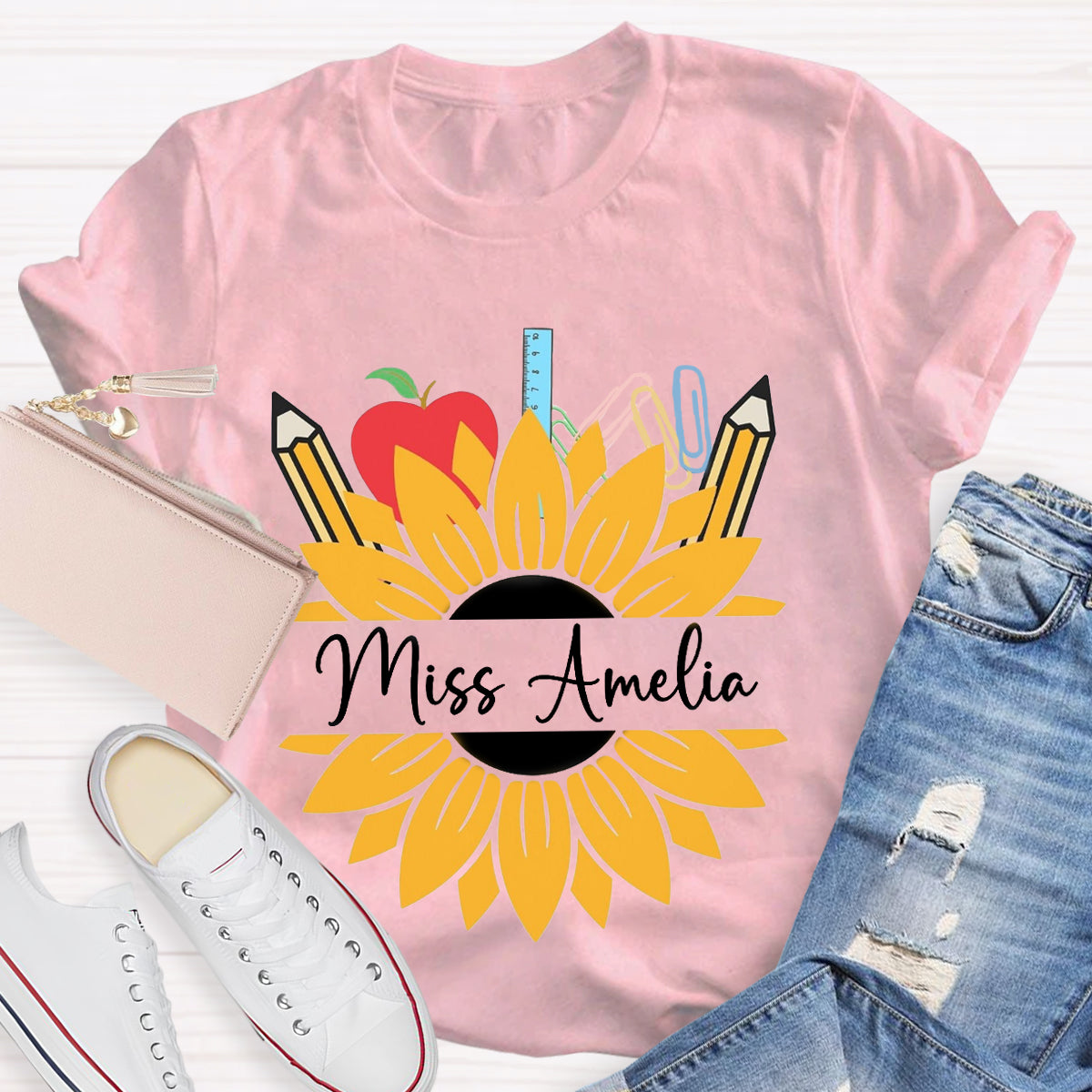 Personalized Name Sunflower Apple Pencil Teacher T-Shirt