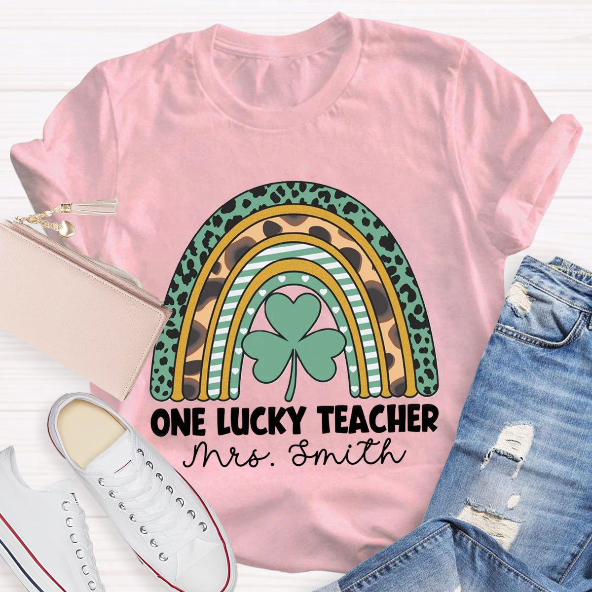 Personalized Name One Lucky Teacher Leopard Rainbow T-Shirt