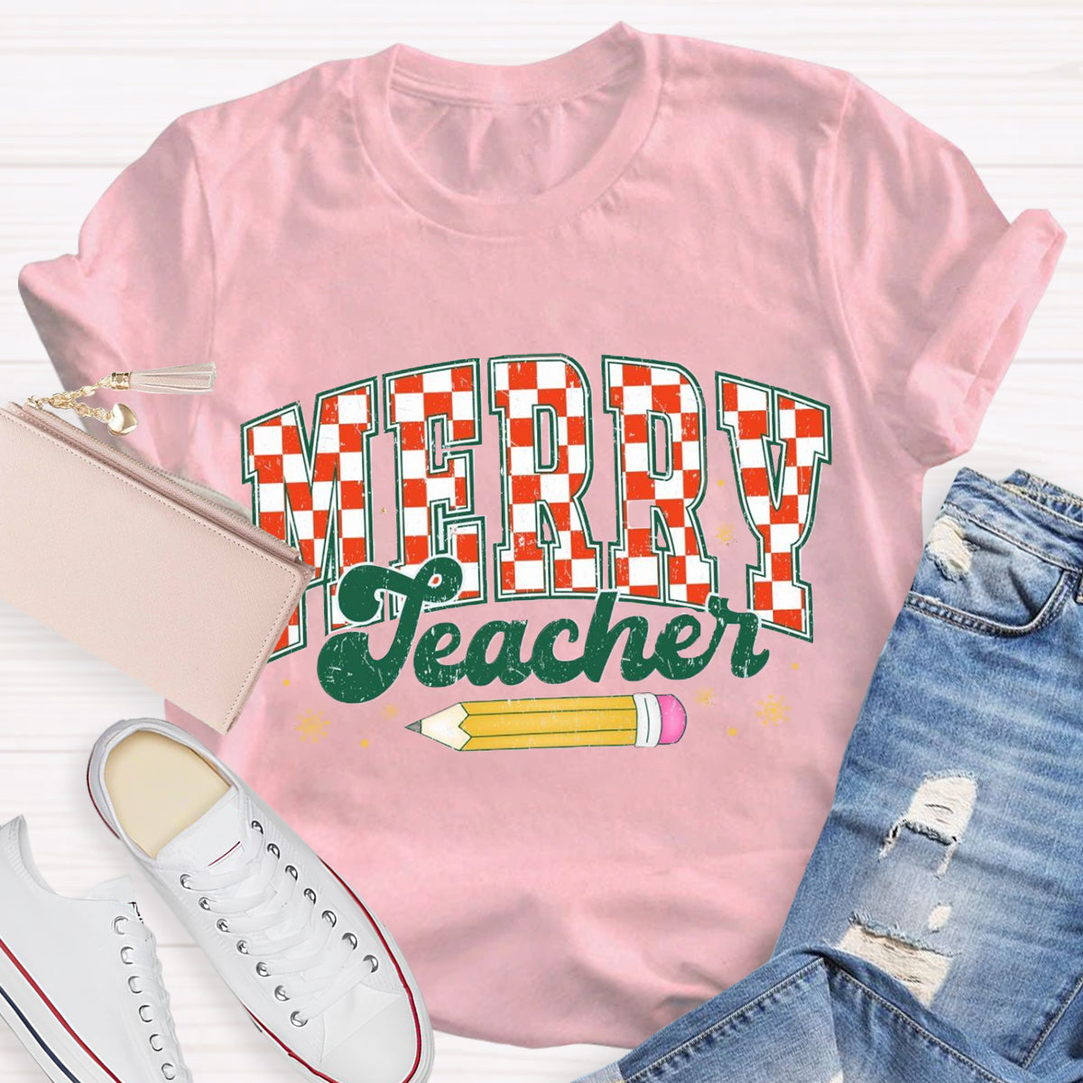 Merry Teacher Plaid Pencil T-Shirt