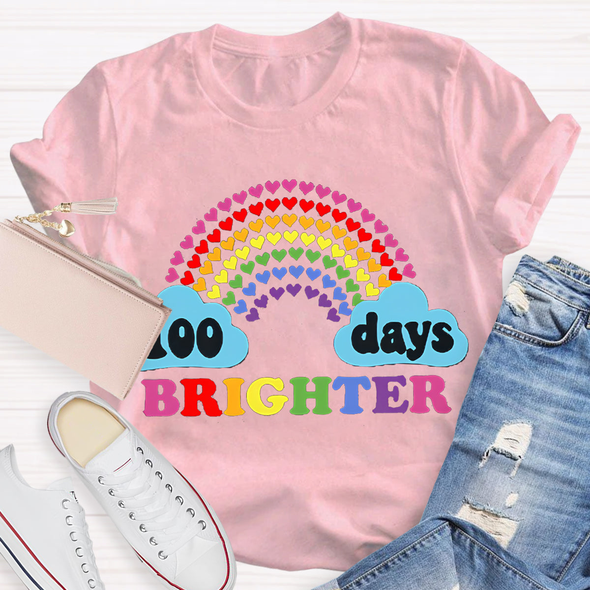 100 Days Brighter Heart Rainbow Teacher T-Shirt