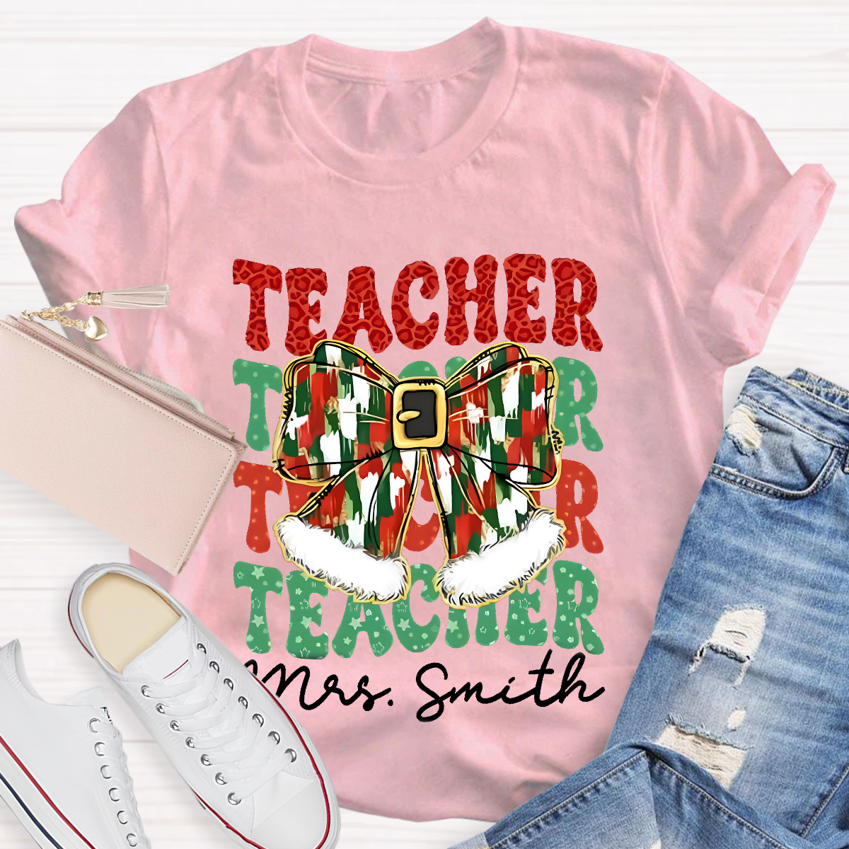 Personalized Name Bow Christmas Teacher T-Shirt