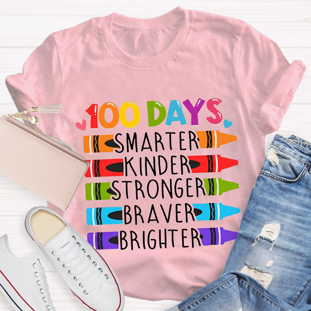 100 Days Smarter Kinder Stronger Crayon T-Shirt