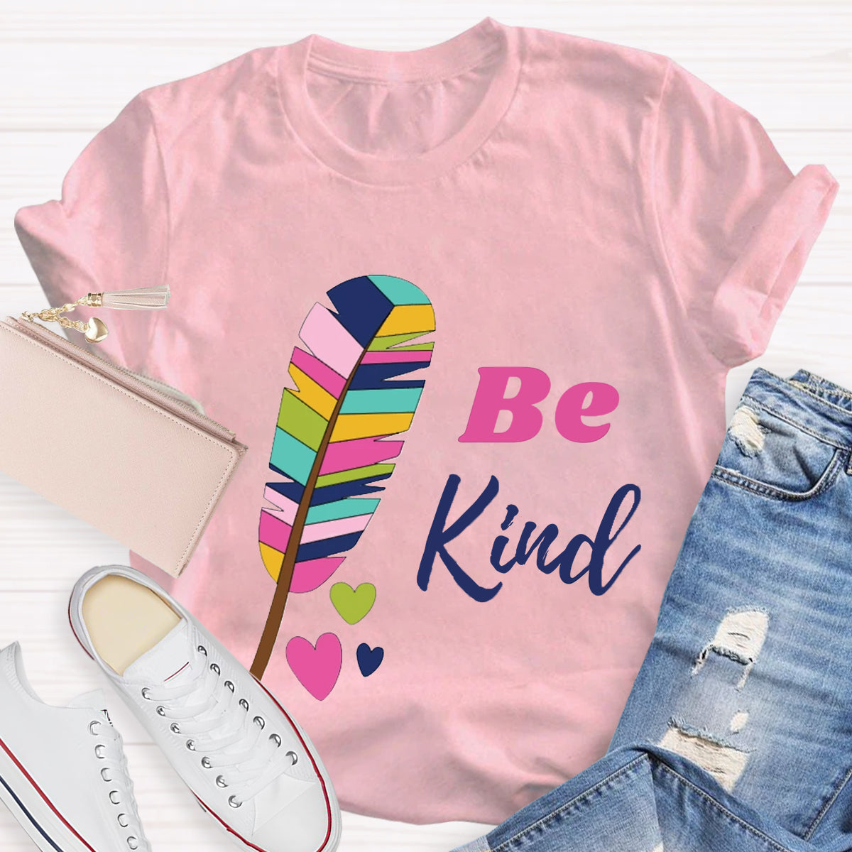 Be Kind Colorful Feather Design T-Shirt