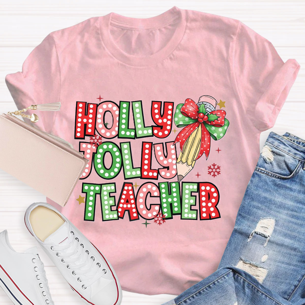 Holly Jolly Teacher Christmas Pencil T-Shirt