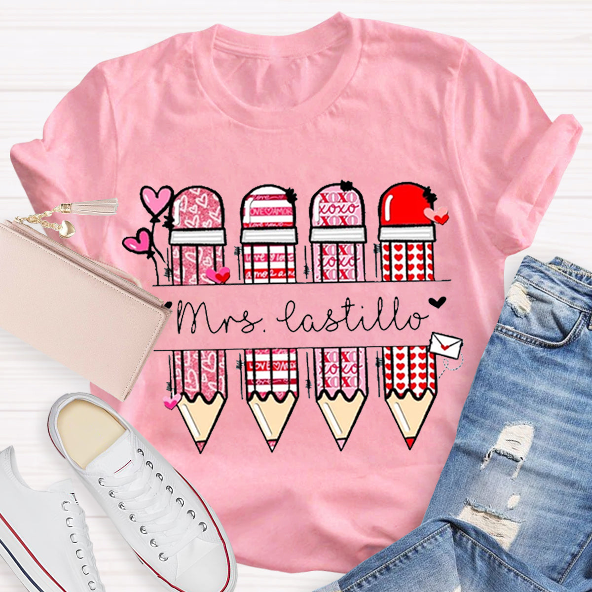 Personalized Teacher Name Pencil Valentines Day T-Shirt