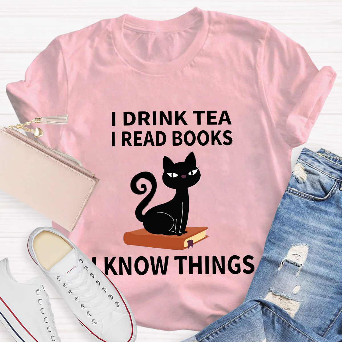 I Drink I Read Books I Know Thing Cute Cat T-Shirt