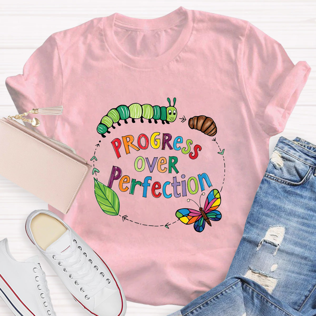 Progress Over Perfection Butterfly Teacher T-Shirt