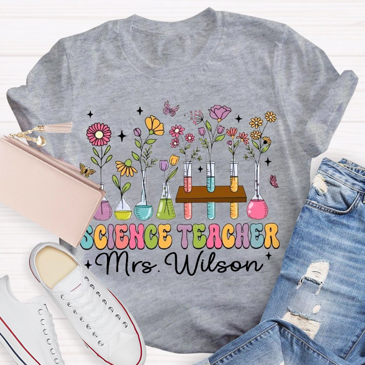 Personalized Science Teacher Name Tubes And Flowers Teacher T-Shirt