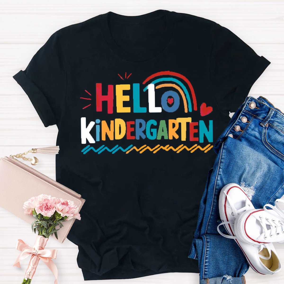 Personalized Grade Hello Kindergarten Rainbow First Day Of School T-Shirt