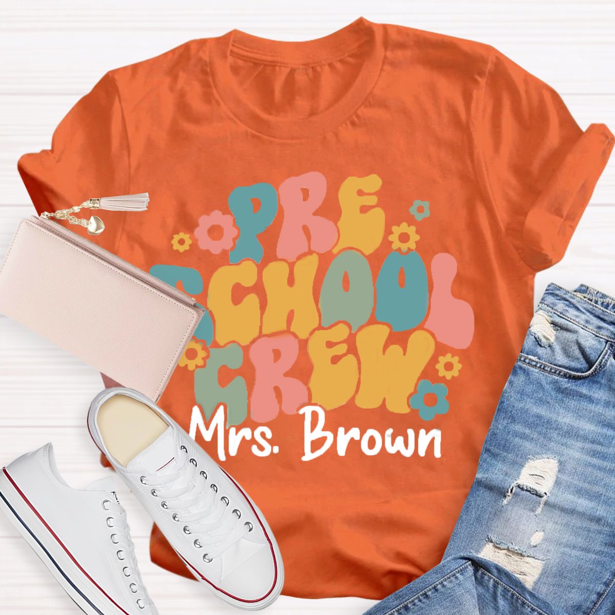 Personalized Name Preschool Teacher Crew T-Shirt